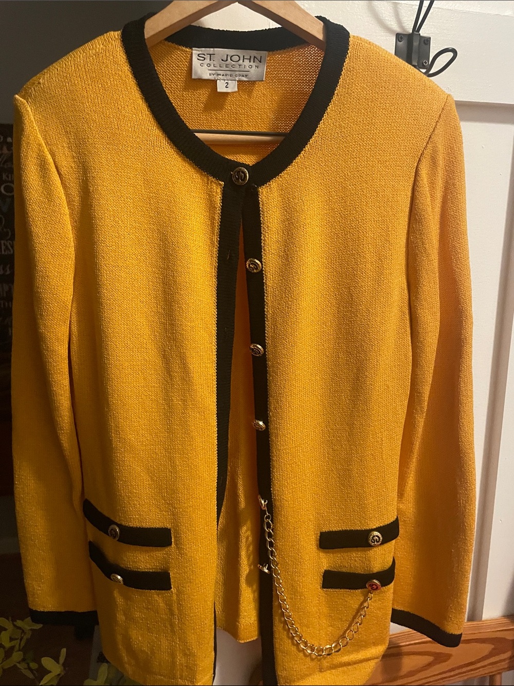 St. John Yellow Knit Jacket with Black Trim & Chain Detail